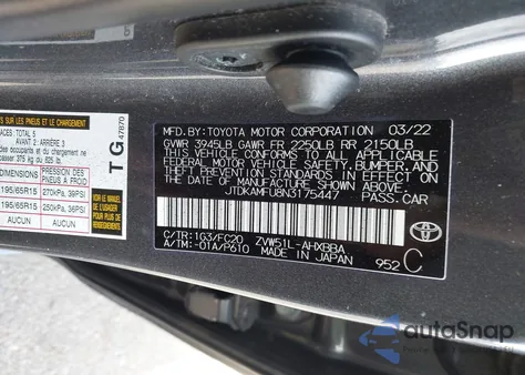 2022 Toyota Prius L из США, поврежденный, VIN JTDKAMFU8N3175447